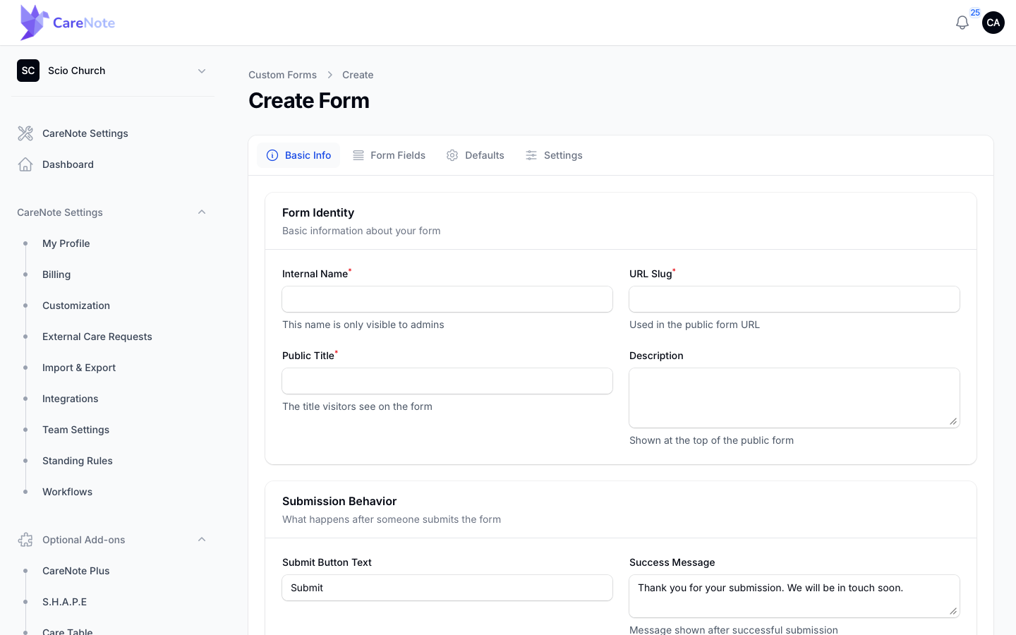 The Basic Info tab of a new form