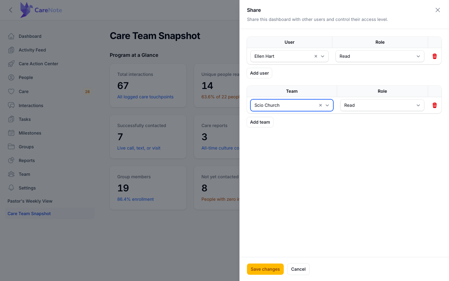 The Share dialog with one user at Read and the team at Read