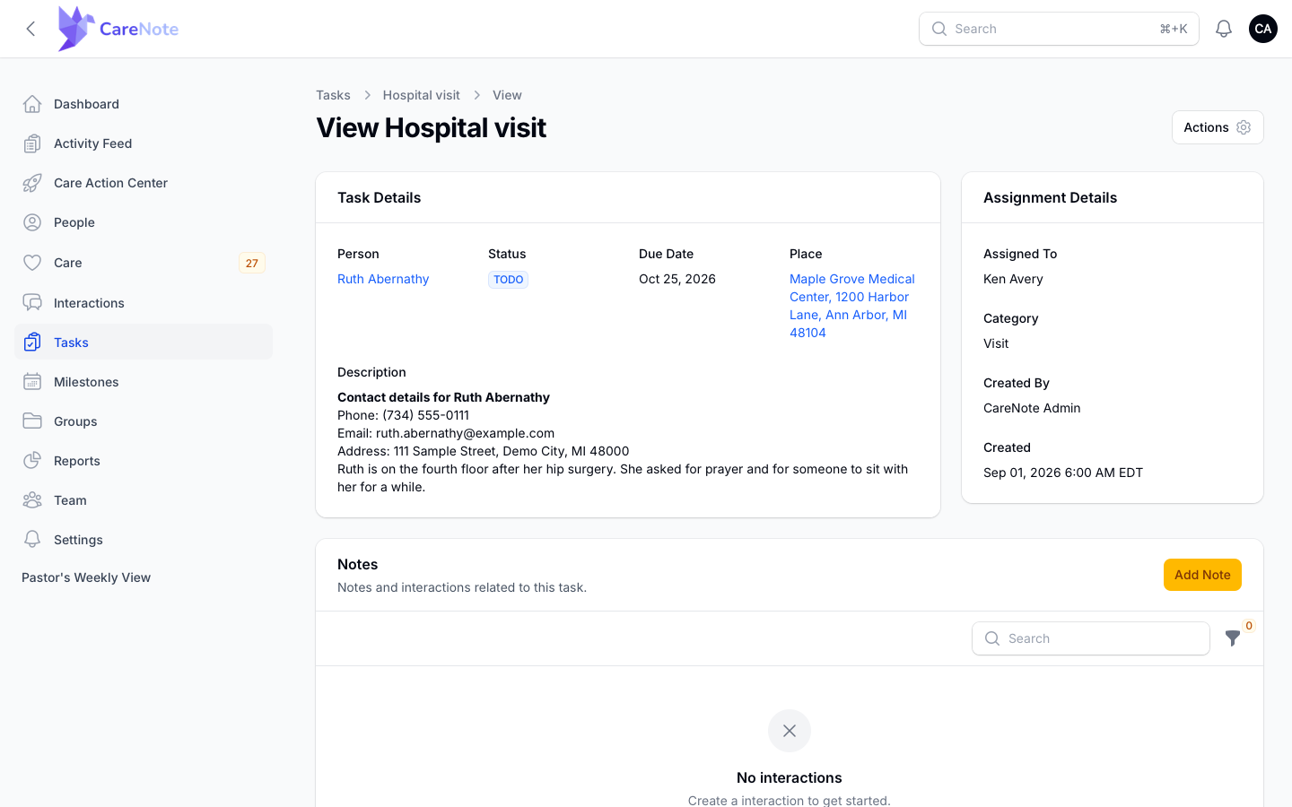 The task detail page with Task Details, Assignment Details, and Notes