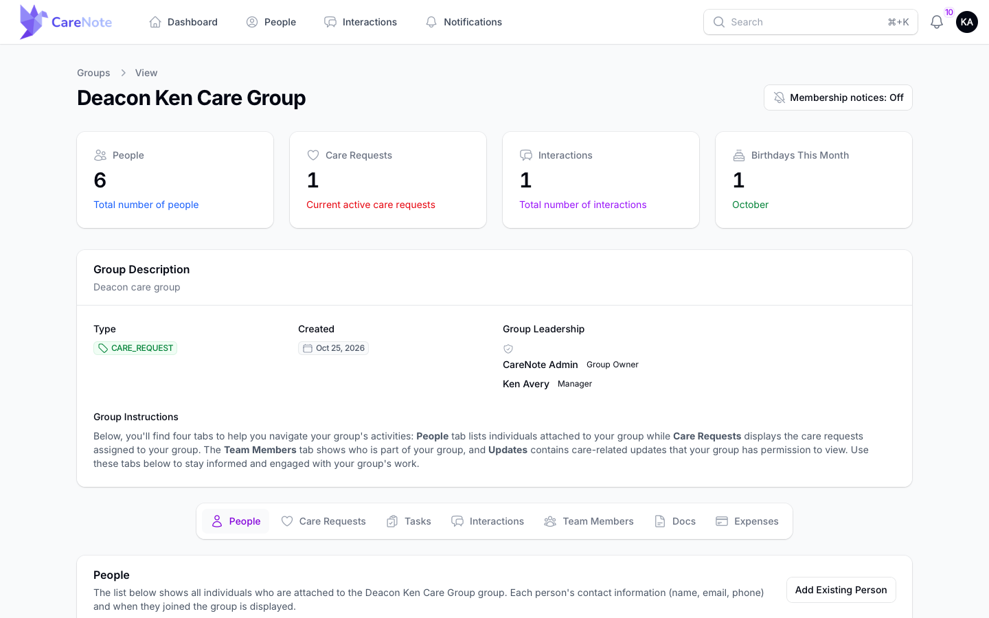 A group page with leadership and tabs
