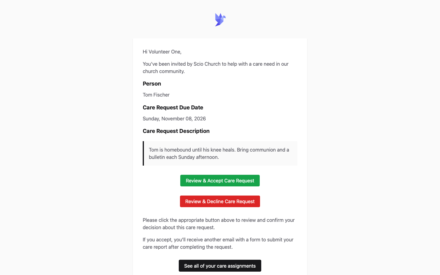 Assignment email with Review and Accept, Review and Decline, and See all of your care assignments buttons