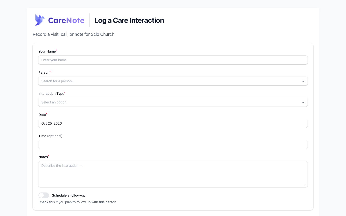 The empty Log a Care Interaction form