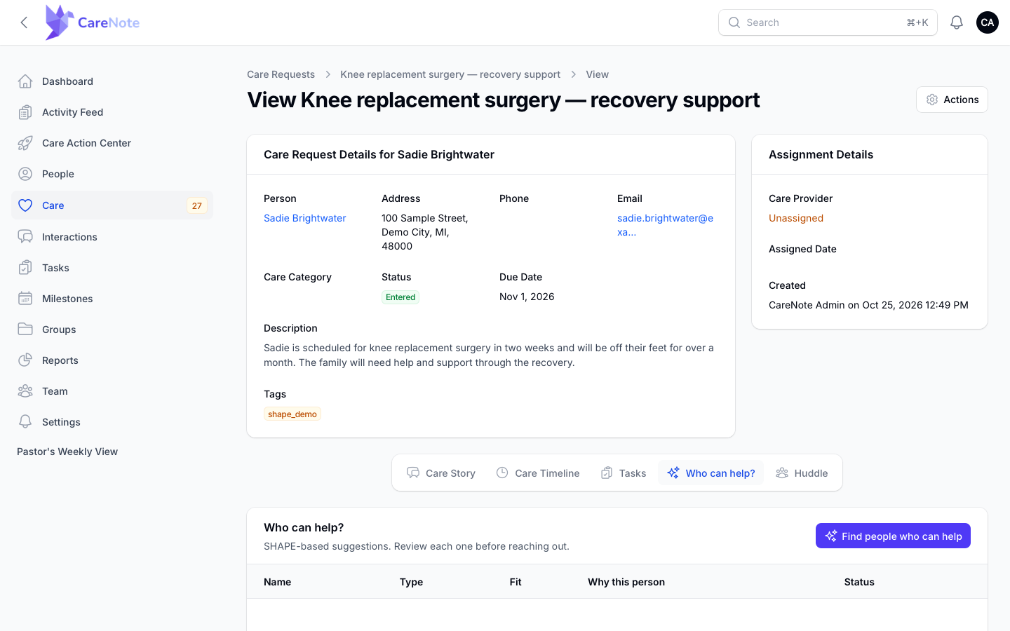 The Who can help? tab before any matches, with the Find people who can help button