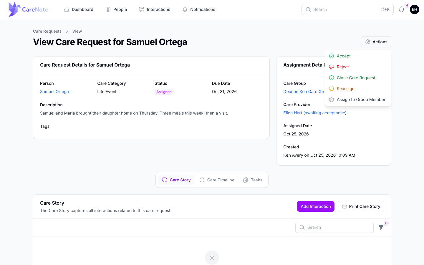 Team Member Actions menu showing Accept, Reject, Close Care Request, Reassign and Assign to Group Member