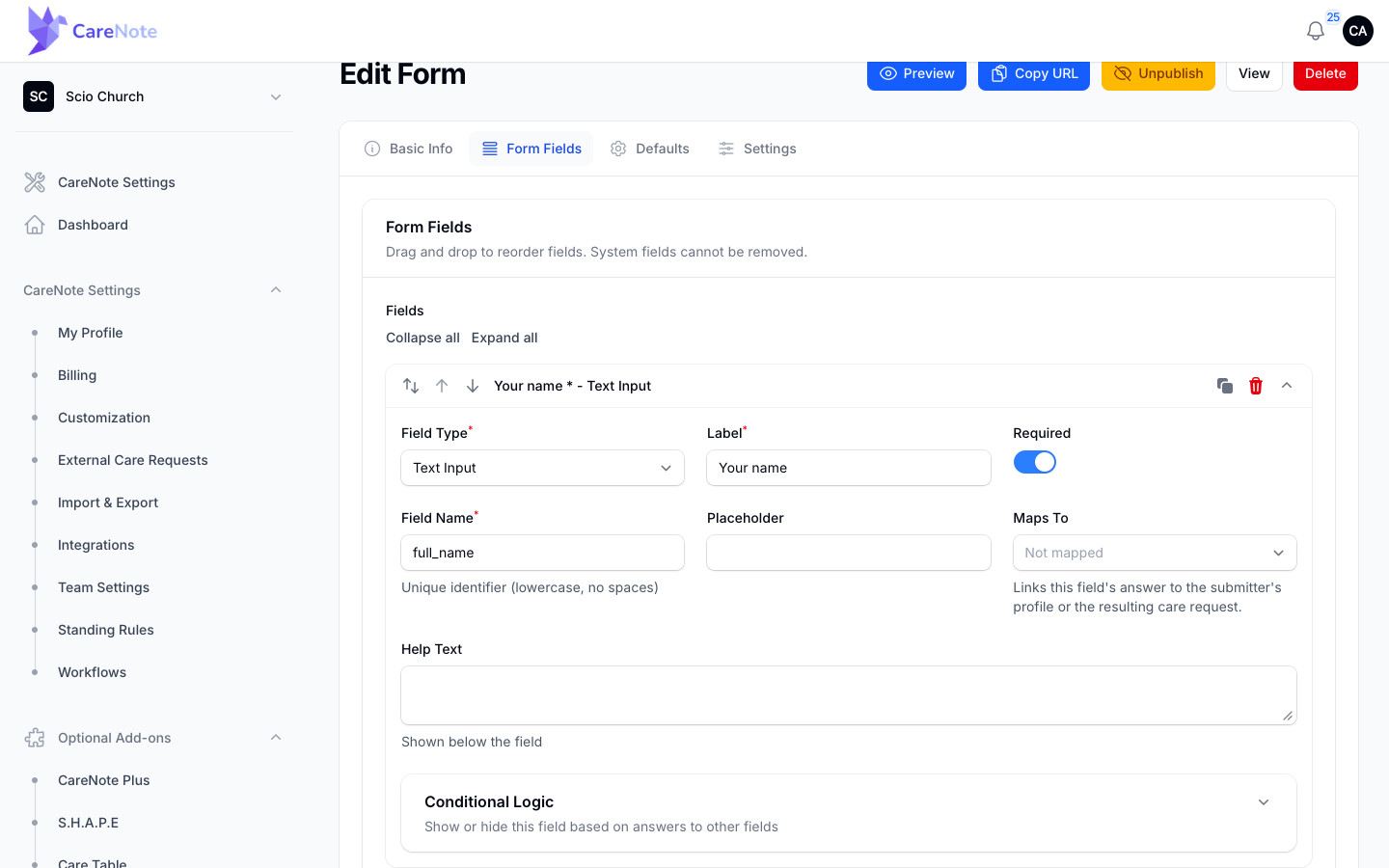 A form field expanded on the Form Fields tab