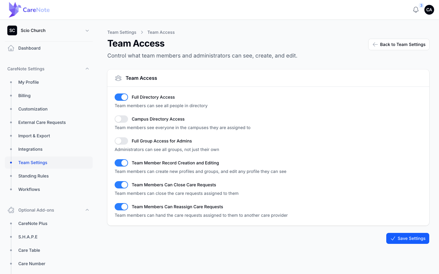 The Team Access page with Full Directory Access switched on