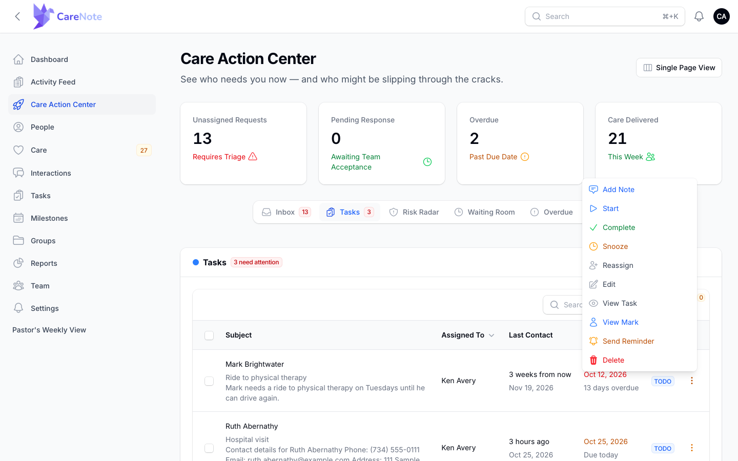 The Tasks row Actions menu with Add Note, Start, Complete, Snooze, Reassign, and more