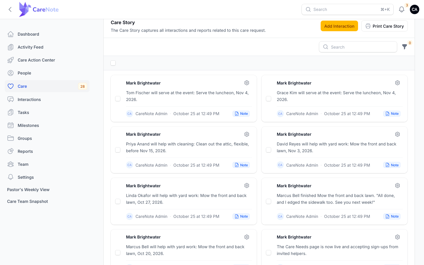Care Story entries for setup, activation, claims, and a finished need