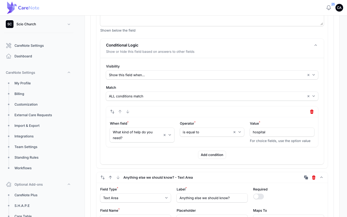 Conditional Logic set to show the hospital question when the help type is hospital