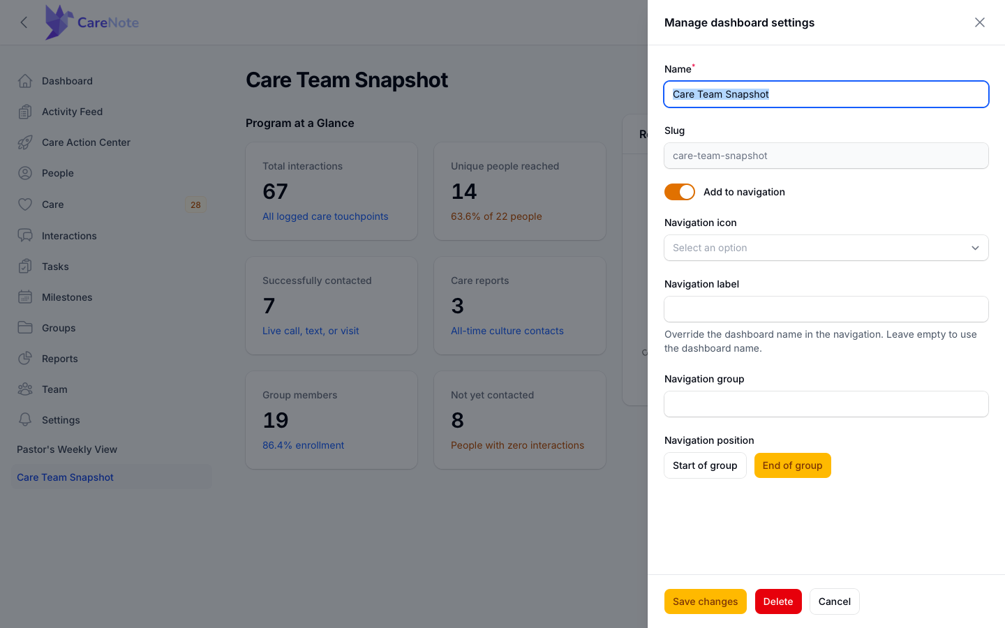 The Manage dashboard settings slide-over