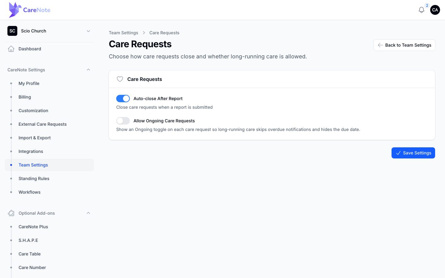 Owner Team Settings Care Requests page with the two toggles