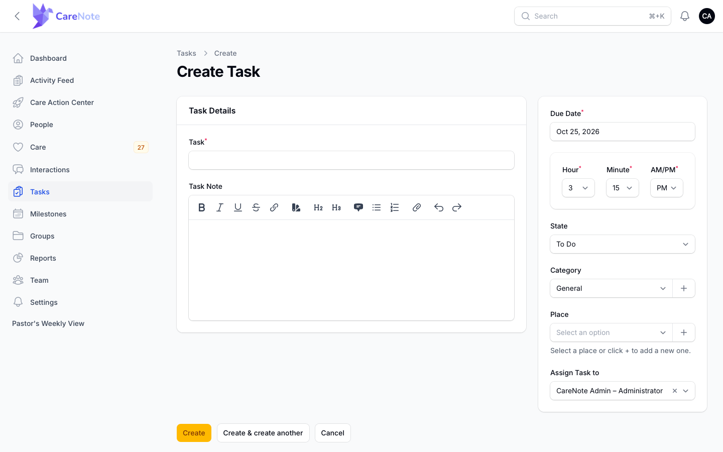 The Create Task form with the Task Note, due date and time, State, Category, Place, and Assign Task to fields