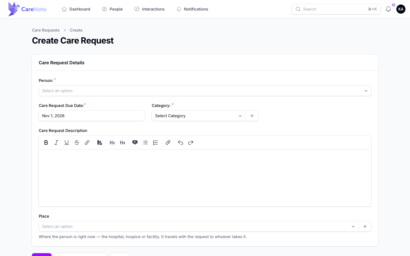 The Team Member create form with Person, Due Date, Category, Description, and Place