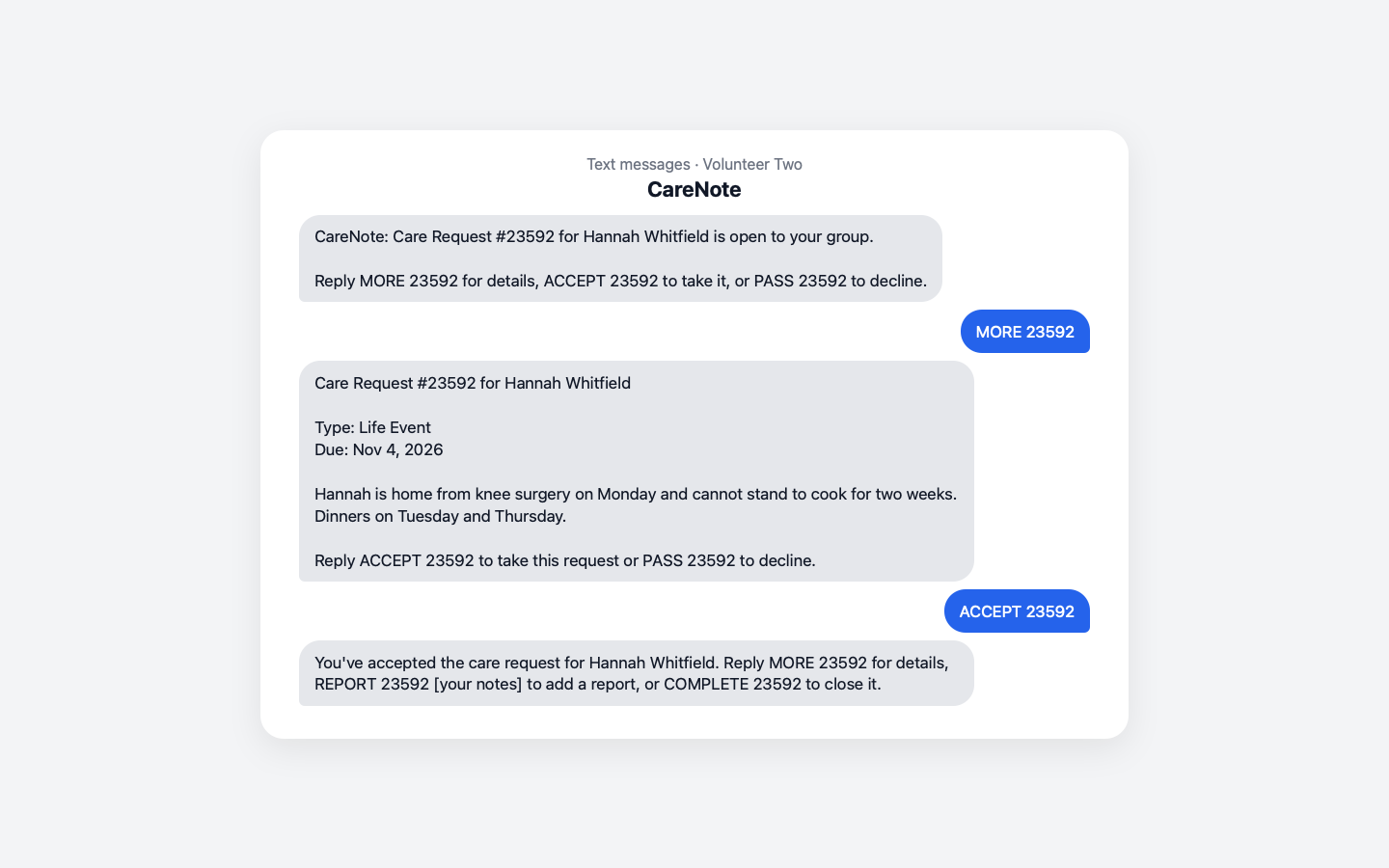 A text thread offering MORE, ACCEPT and PASS, and the reply after accepting