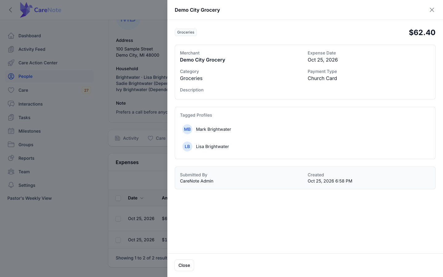The expense detail panel showing merchant, date, category, payment type, tagged people, and who submitted it