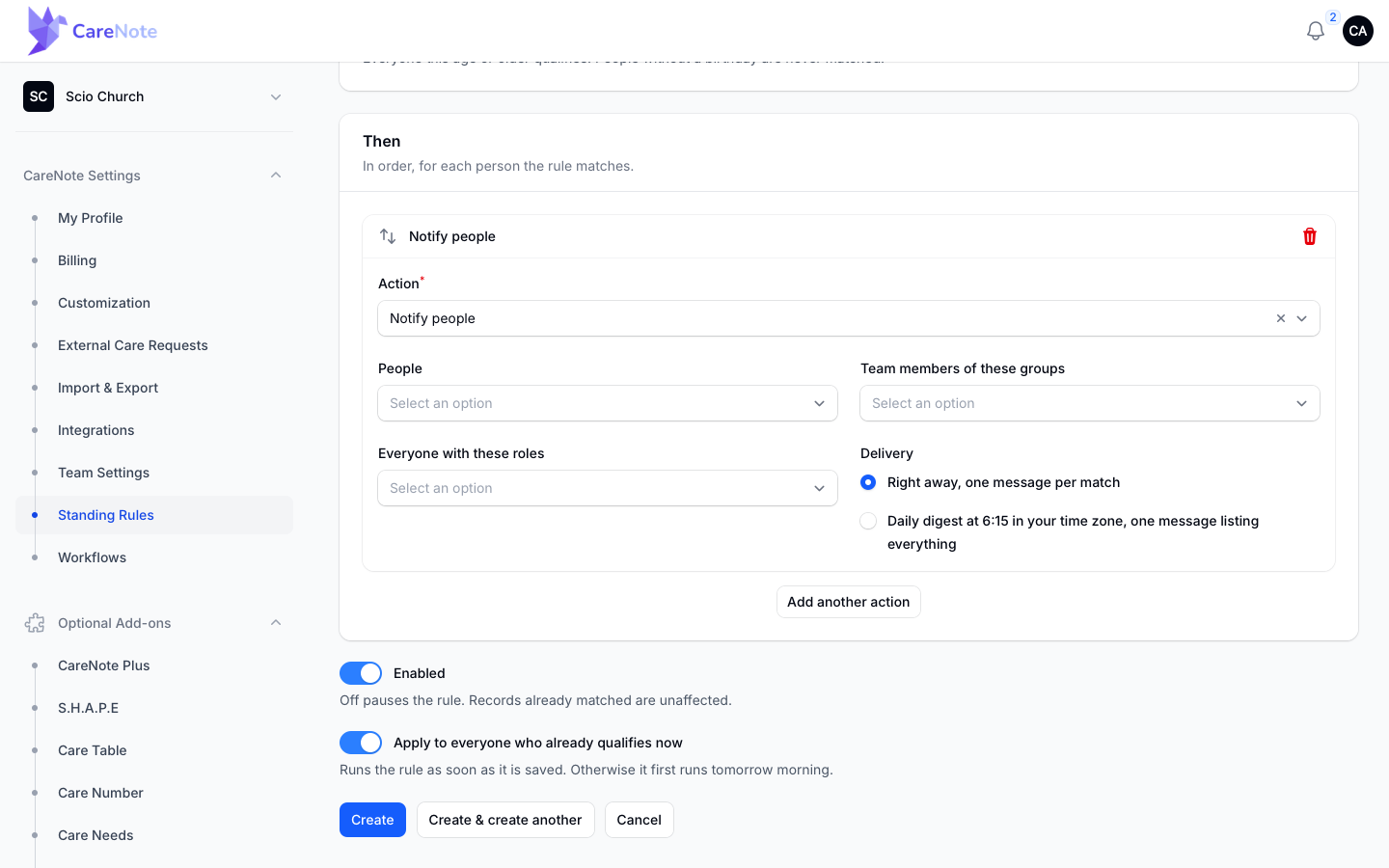 The Then section with the Notify people action and the Delivery choices