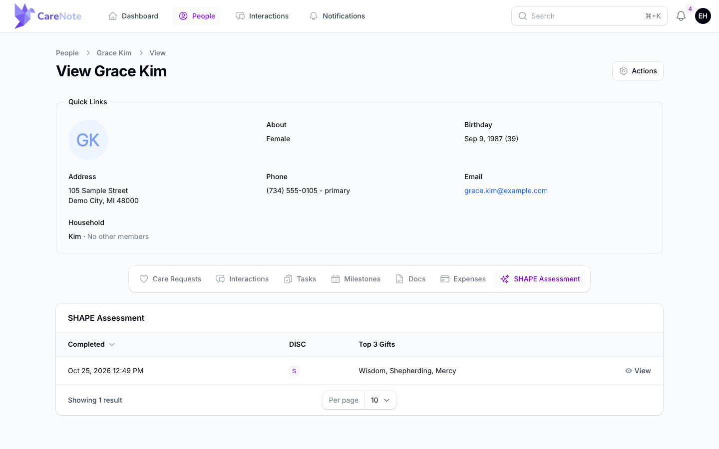 A Team Member's view of a person's profile with the read-only SHAPE Assessment tab