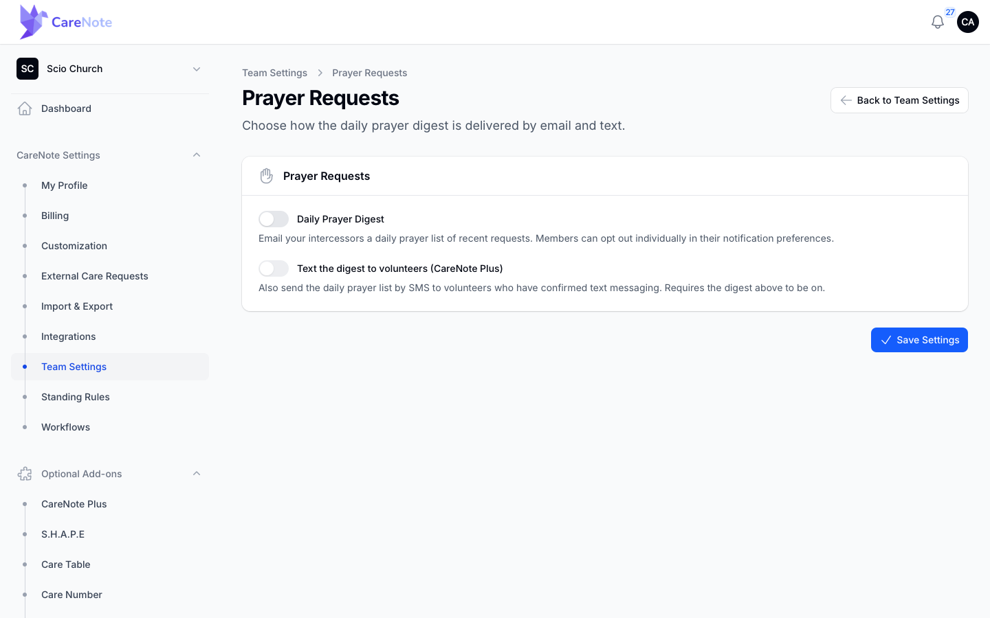 The Team Settings Prayer Requests page with the digest and text toggles