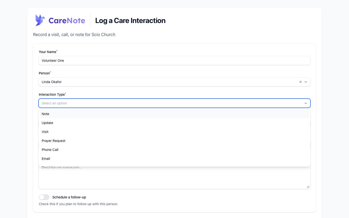 The Interaction Type dropdown