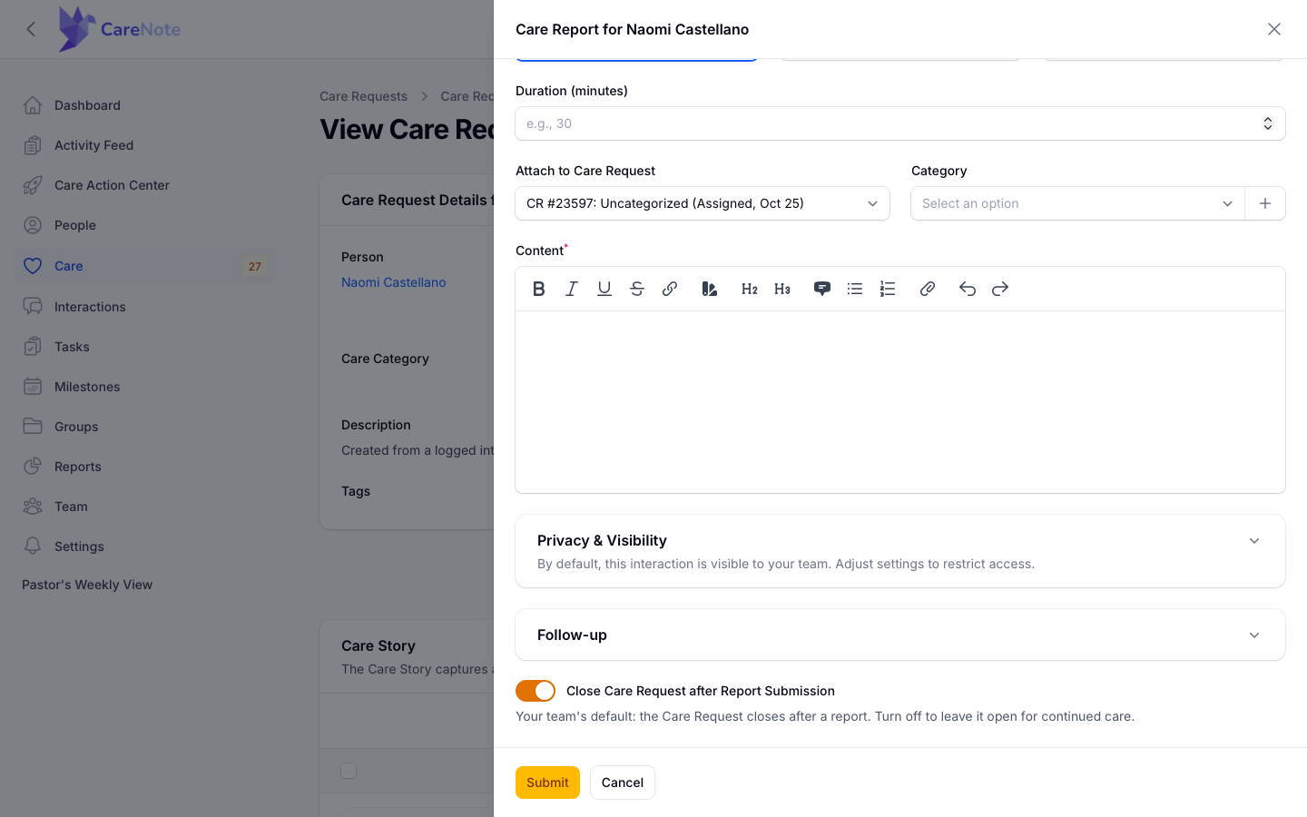 The care report slide-over showing the Close Care Request after Report Submission toggle