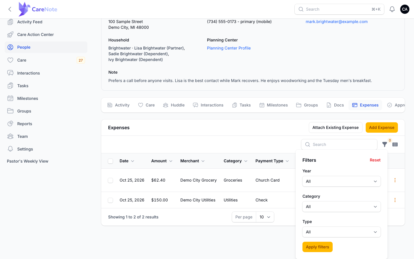 The Expenses filters with Year, Category, and Type