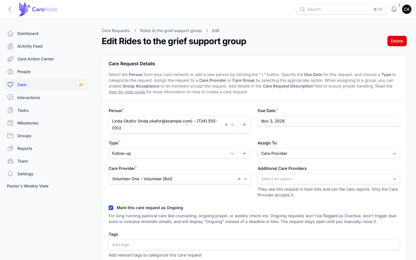 Edit Care Request with the Ongoing checkbox checked