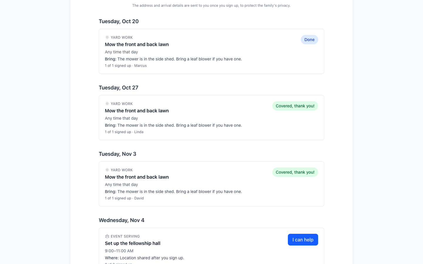 Public sign-up page with the story, city, and needs by day