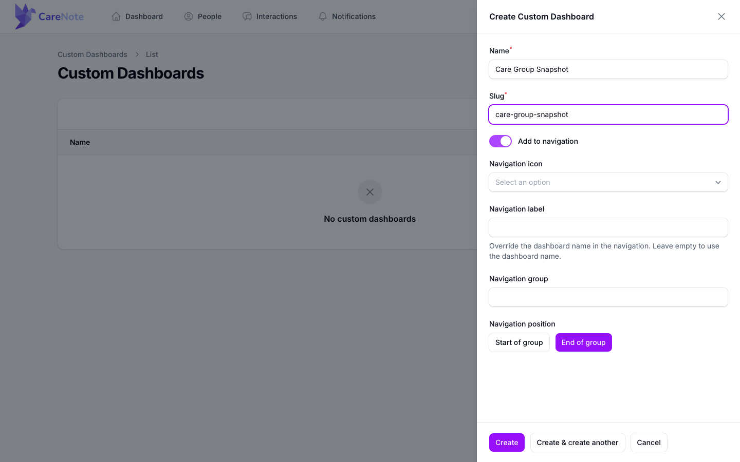 The Team Member Create Custom Dashboard form