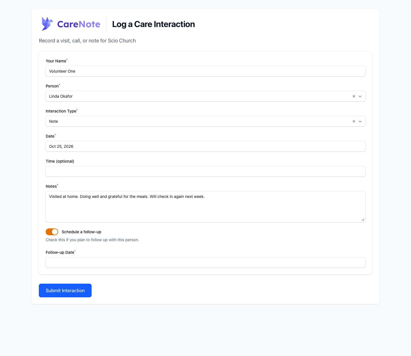 The completed form with Schedule a follow-up turned on and the Submit Interaction button