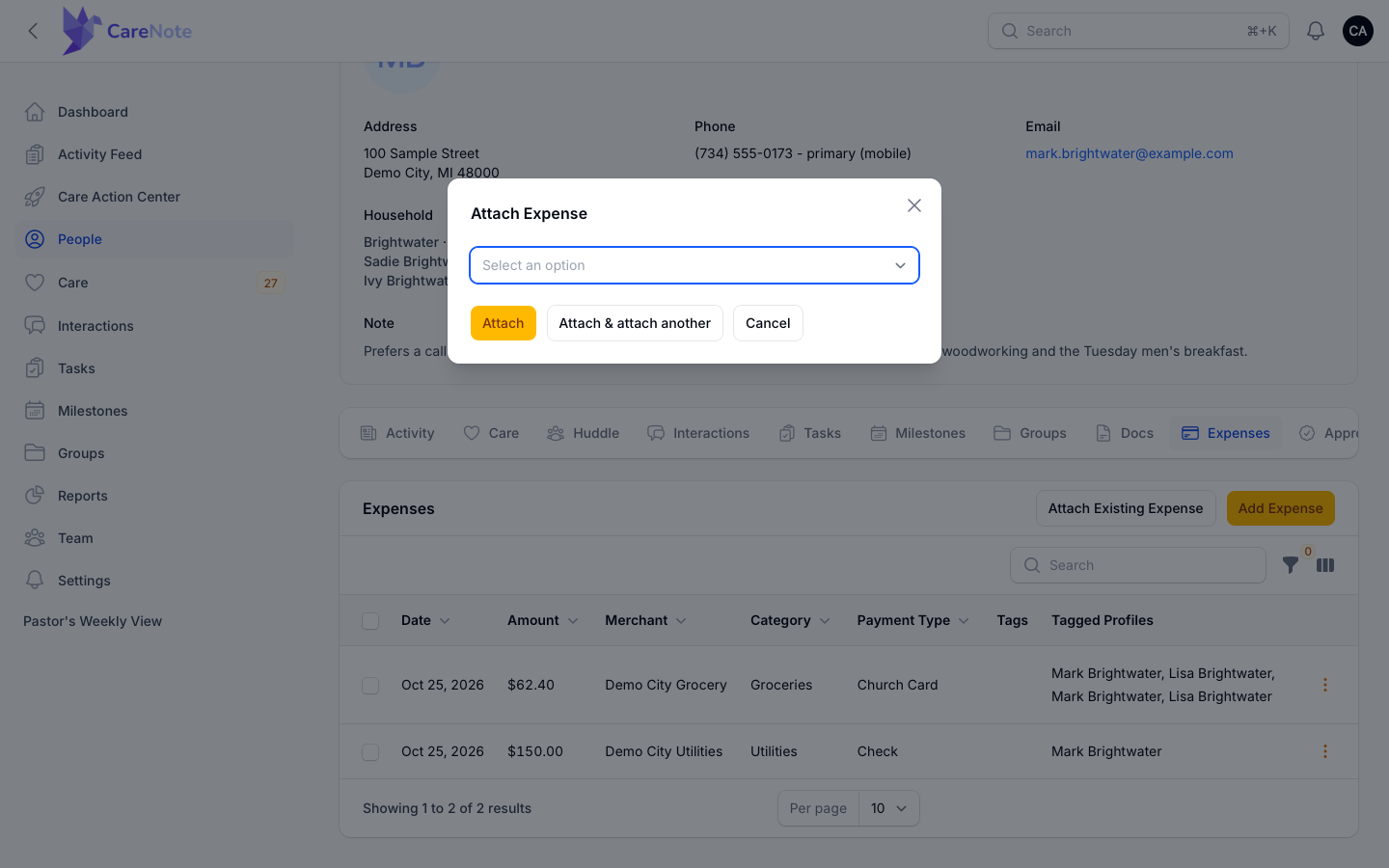 The Attach Expense window with a searchable list of existing expenses