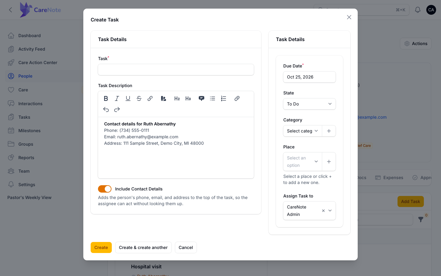 The Add Task modal with Include Contact Details turned on and the contact block at the top of the note
