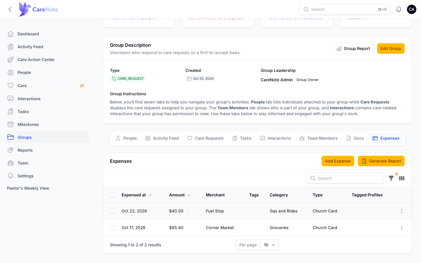 A group's Expenses tab with Add Expense and Generate Report buttons