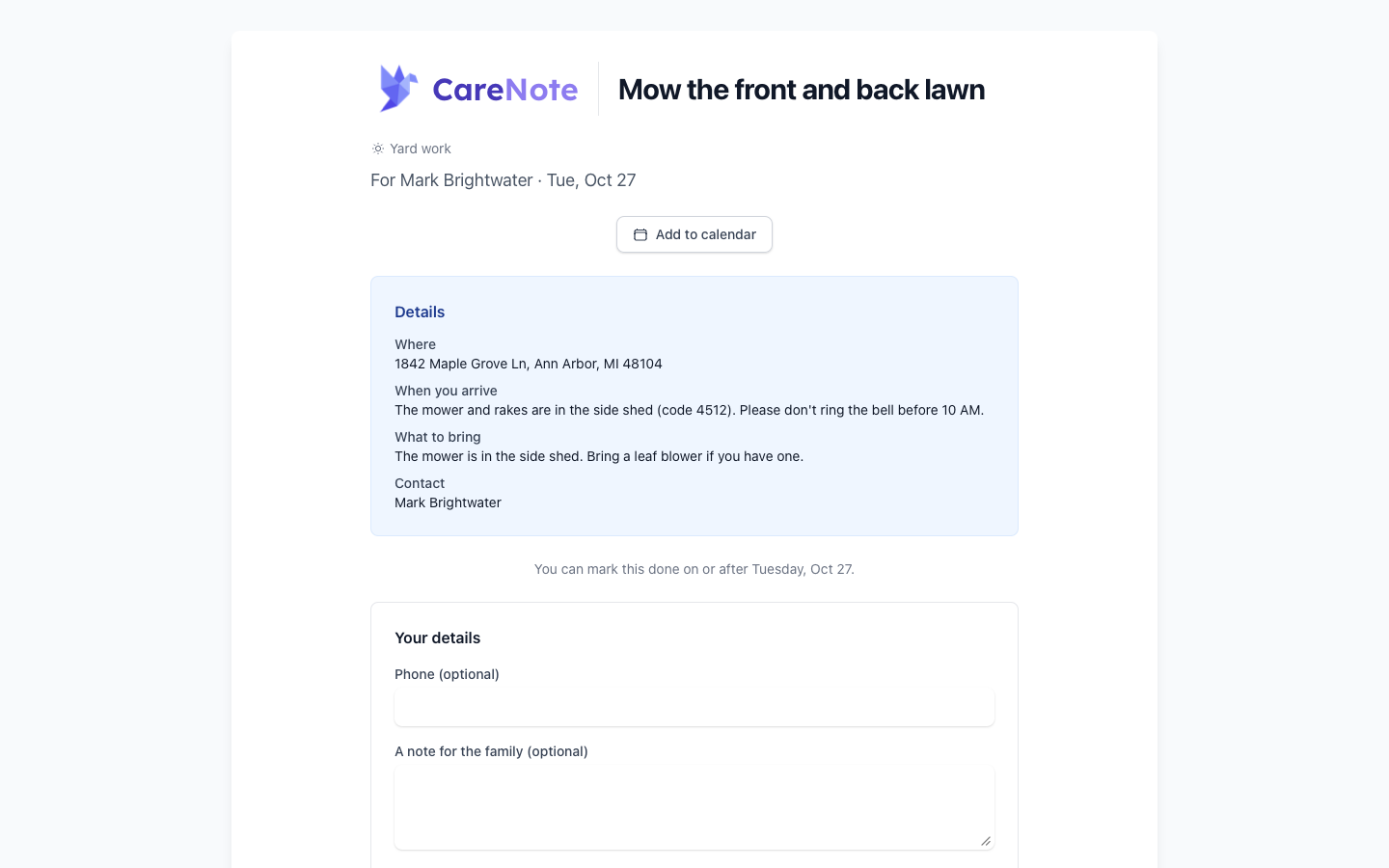 Helper's own page with Add to calendar and a details box