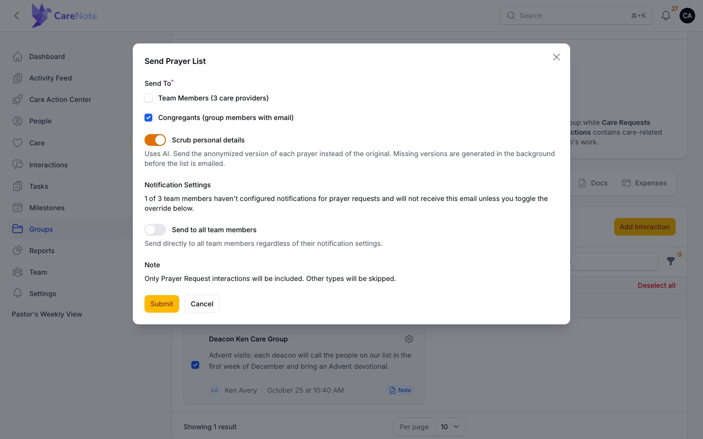 Group Send Prayer List with Congregants ticked and Scrub personal details on