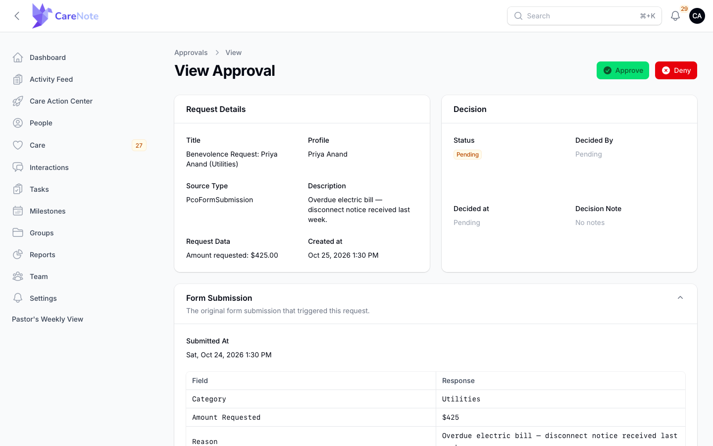 A pending approval showing Request Details, Decision and the expanded Form Submission