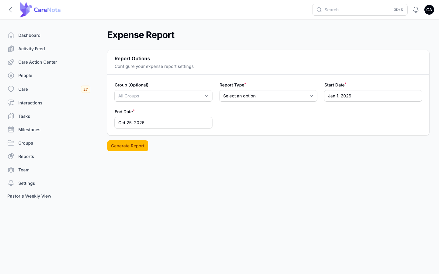 The Expense Report options with Group, Report Type, and date range