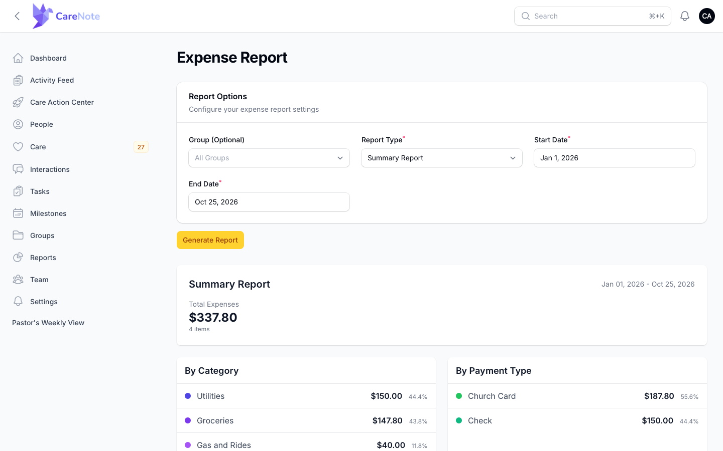 A generated Summary Report with the total, By Category, and By Payment Type