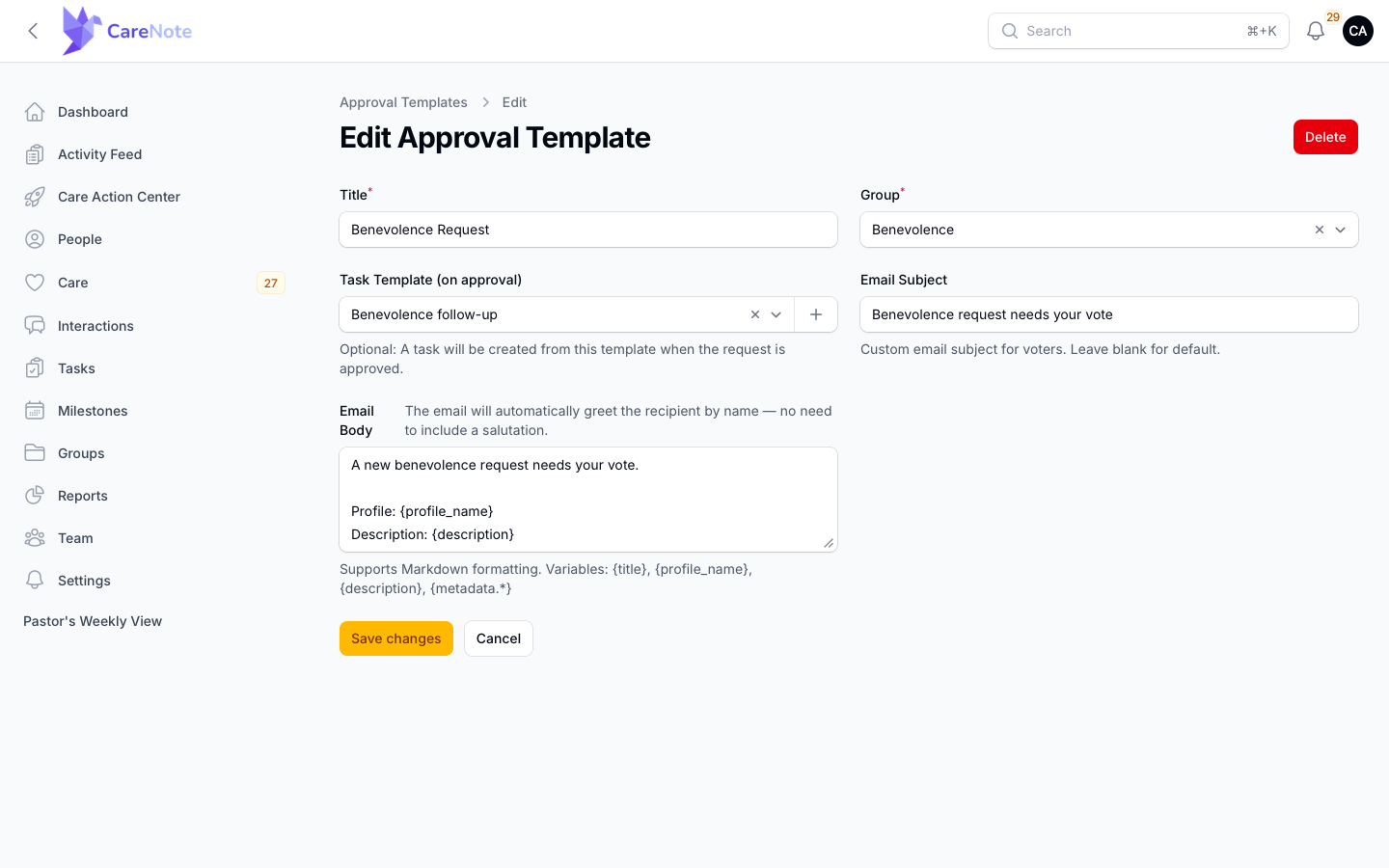 The Approval Template edit screen with Title, Group, Task Template, Email Subject and Email Body