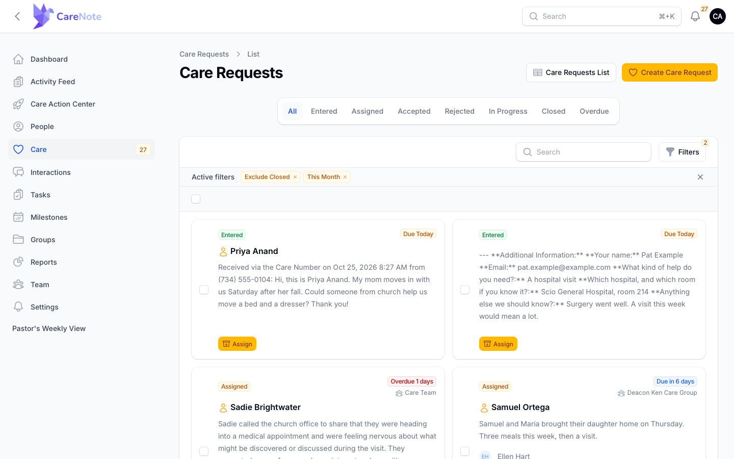The new care request in the Admin Care list