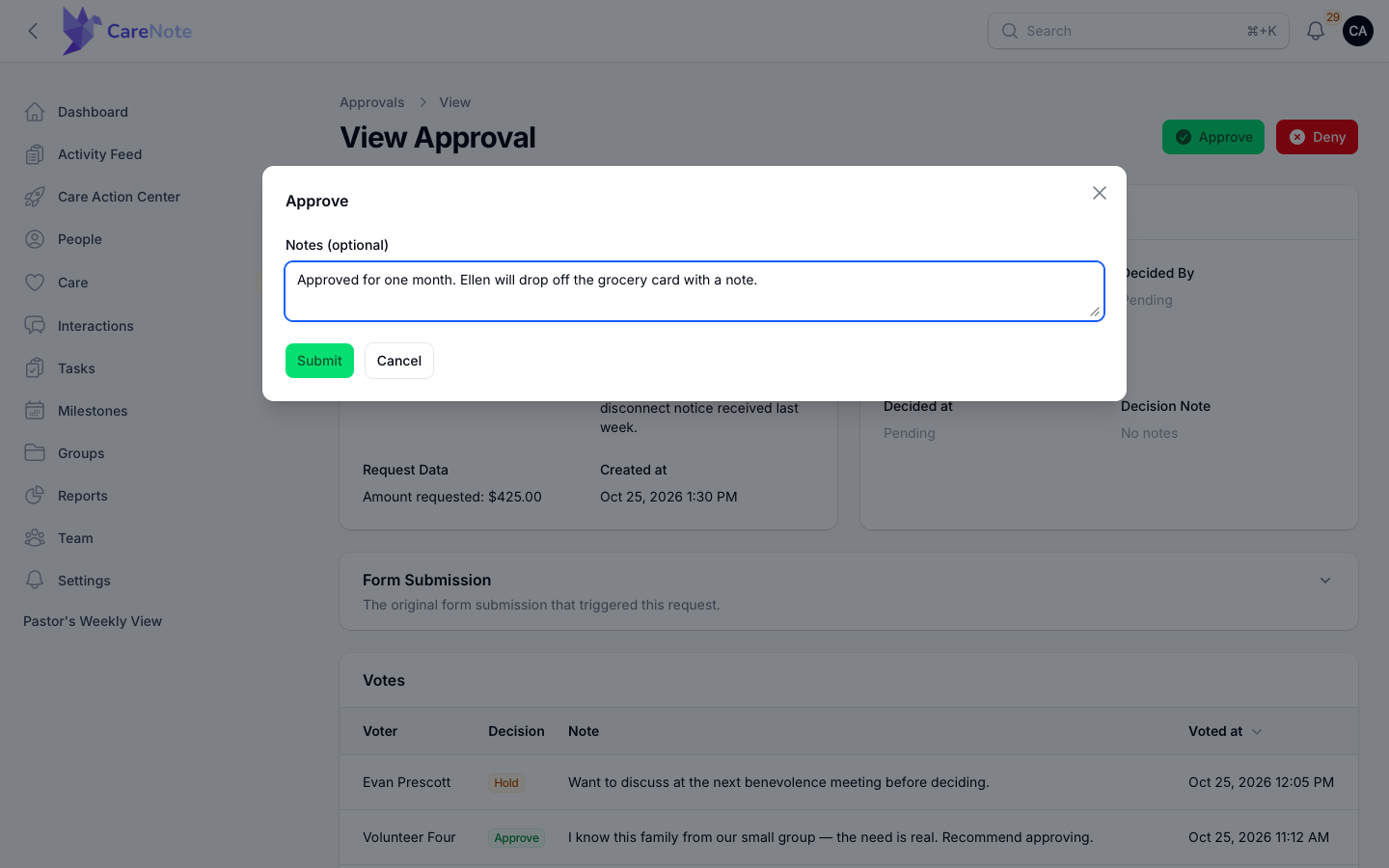 The Approve modal with the Notes field filled in and Submit and Cancel buttons