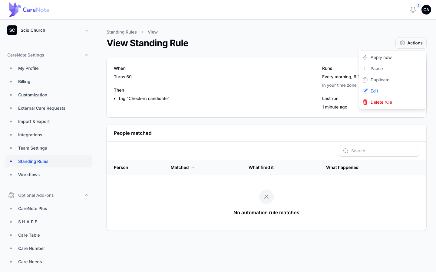 The gear Actions menu showing Apply now, Pause, Duplicate, Edit, and Delete rule