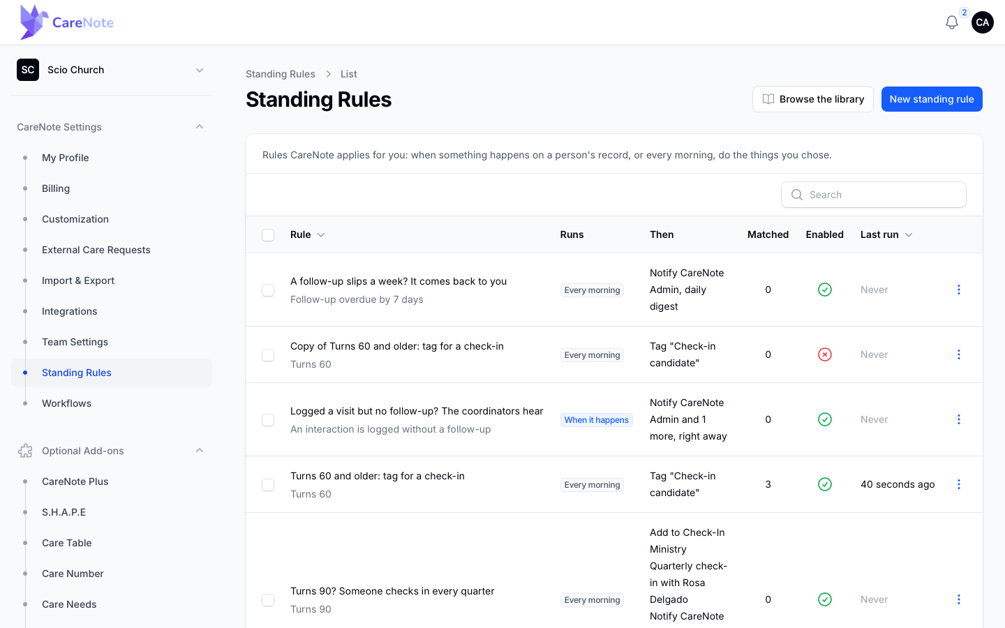 The Standing Rules list with Browse the library and New standing rule buttons