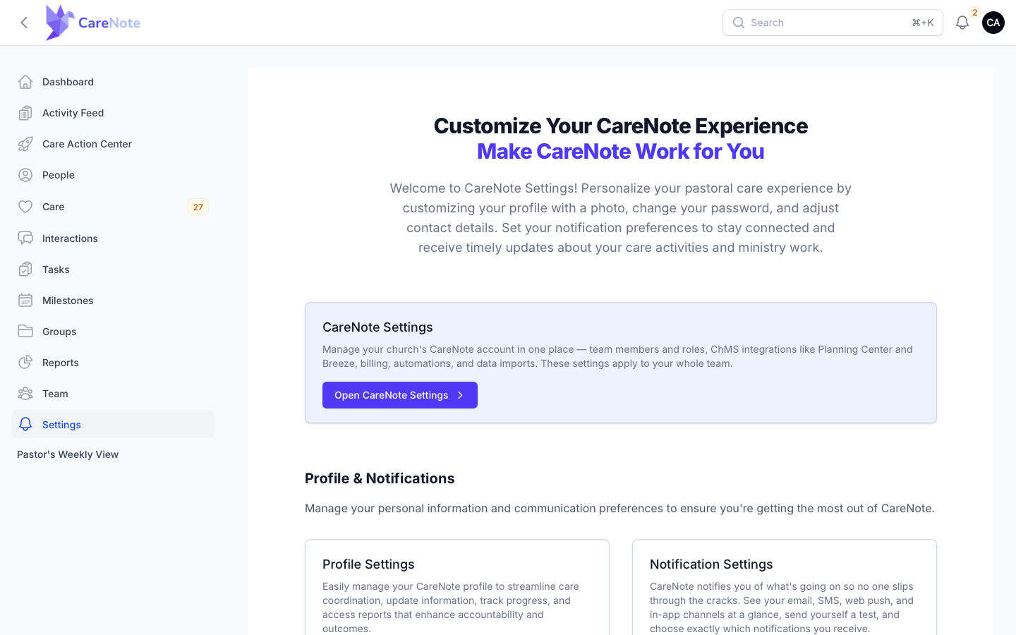 The Settings hub in the Admin panel with the CareNote Settings card and its Open CareNote Settings button