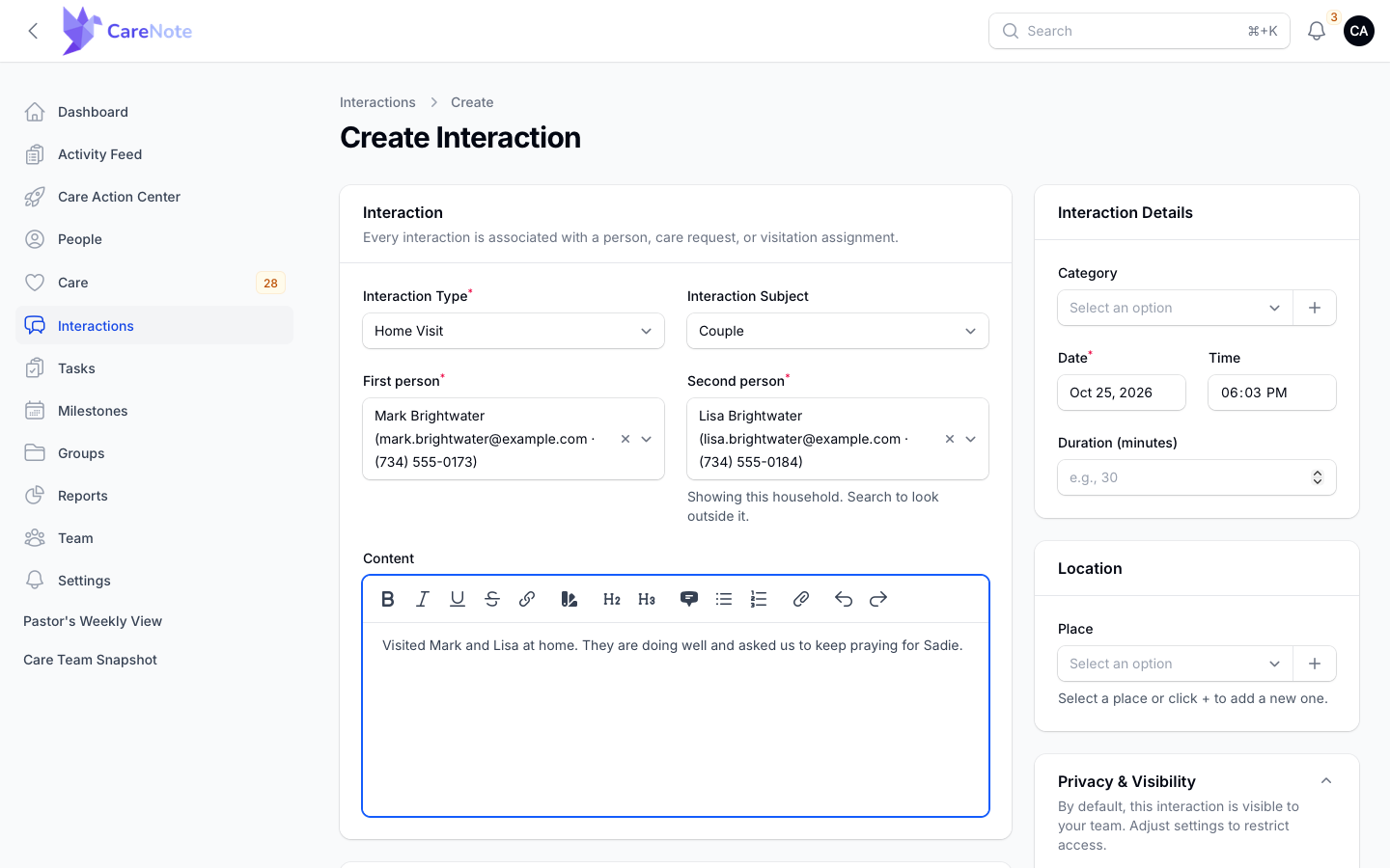 The Create Interaction form filled in for a couple, with the helper text Showing this household