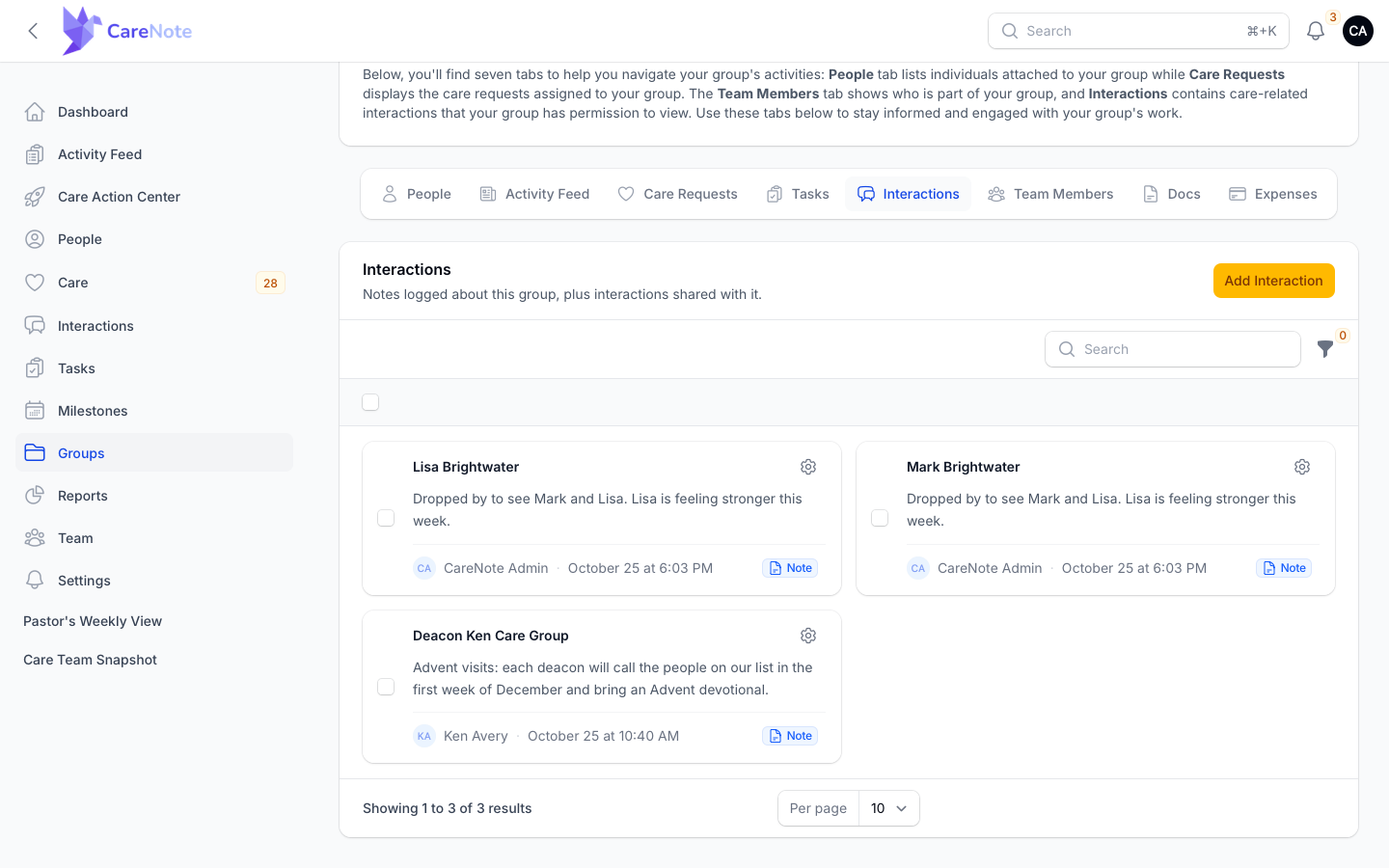 The Interactions tab of a care group with the Add Interaction button