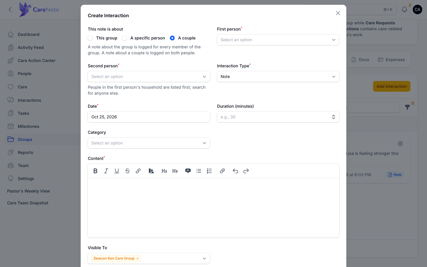 The Add Interaction window with A couple selected