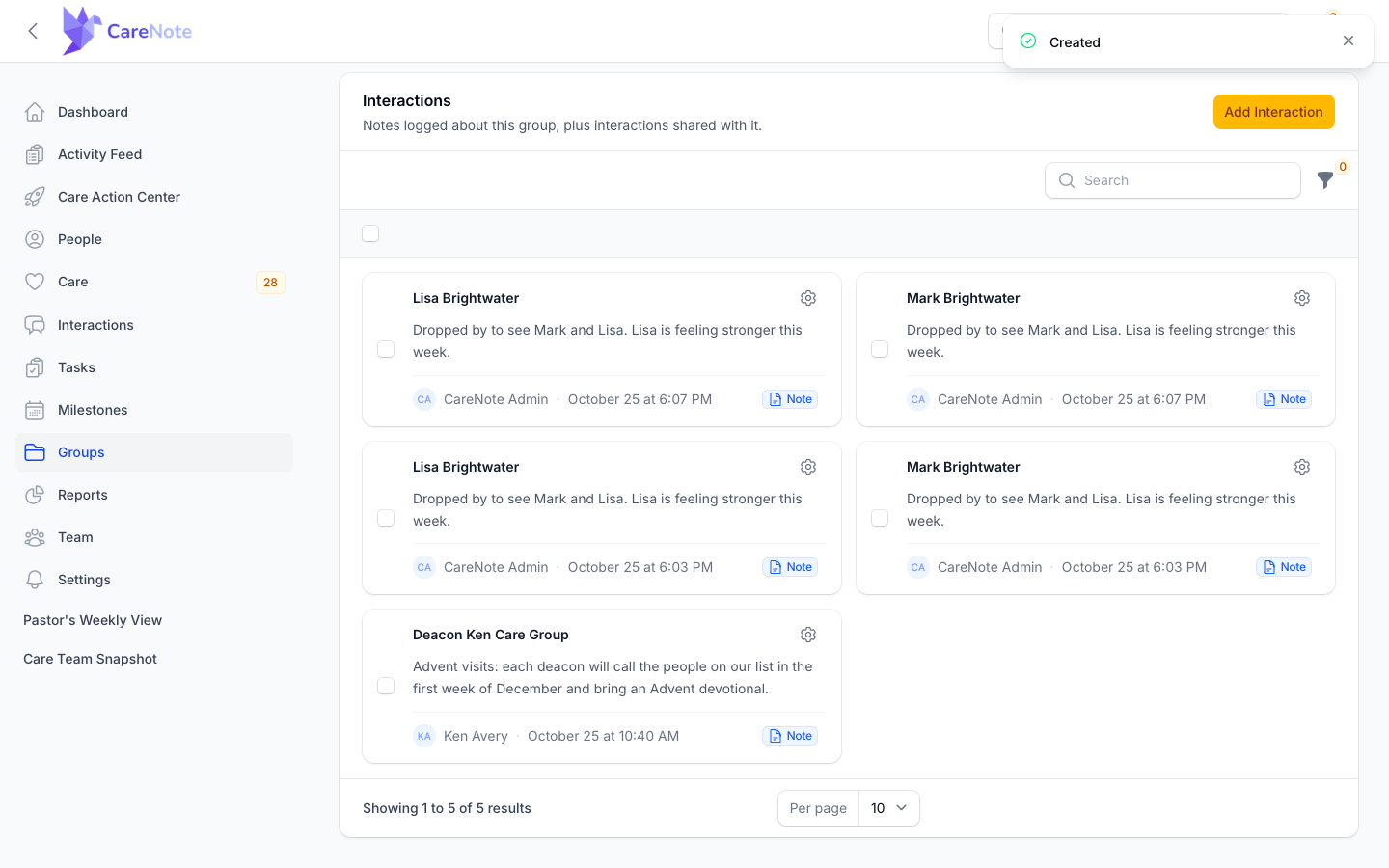 The group Interactions tab showing two couple notes, each with a card for both people, plus the group note