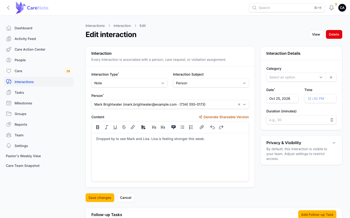 The edit page for one half of a couple, showing Interaction Subject set to Person