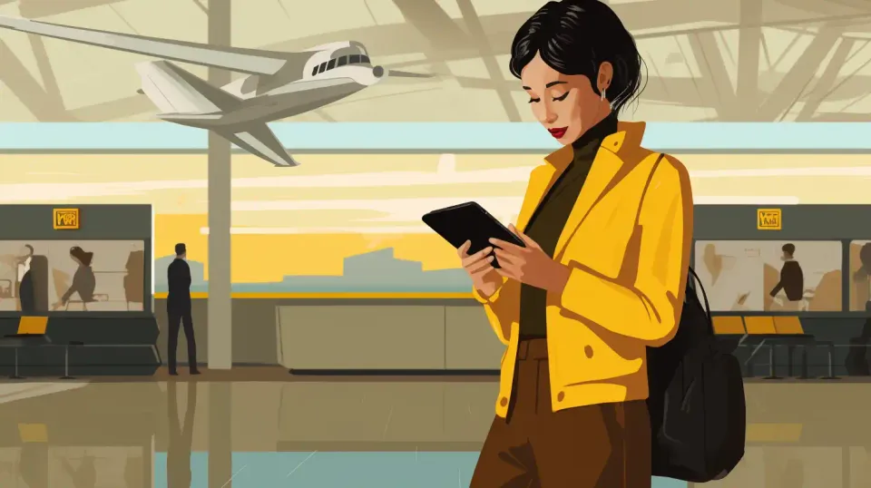 A woman of Asian decent wearing a yellow jacket and brown pants looking at a tablet rejecting a CareNote assignment