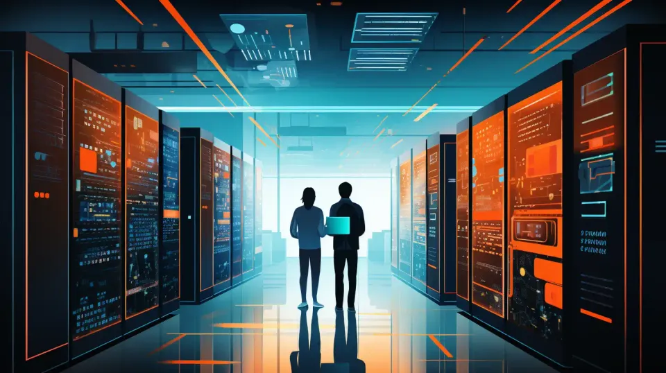 Two individuals in a data center.